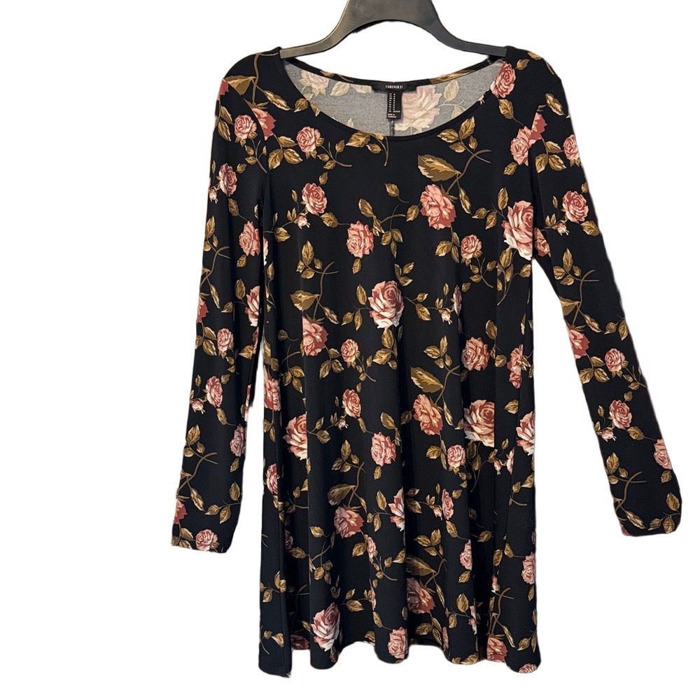 Forever 21 long sleeve, black floral stretchy dress.